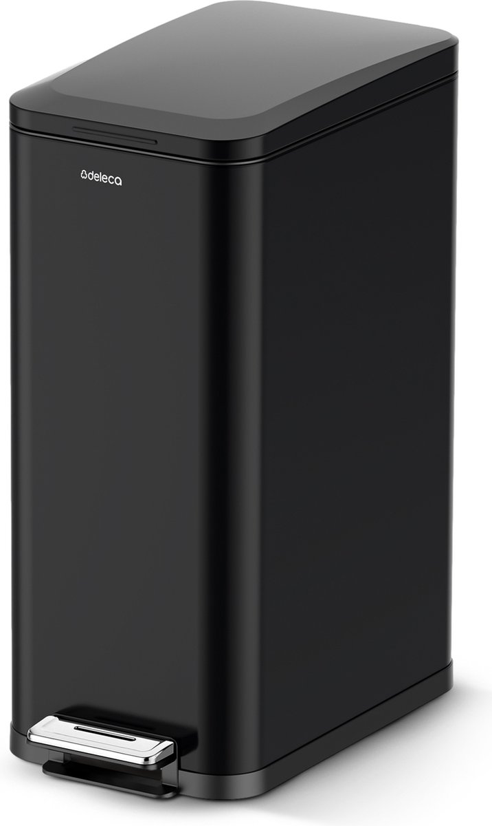 Goedkoopste Deleca Prullenbak Prestige - 50 Liter - Smal - RVS Vuilnisbak / Afvalemmer / Pedaalemmer - Met Voetpedaal en Slow Close - Mat Zwart