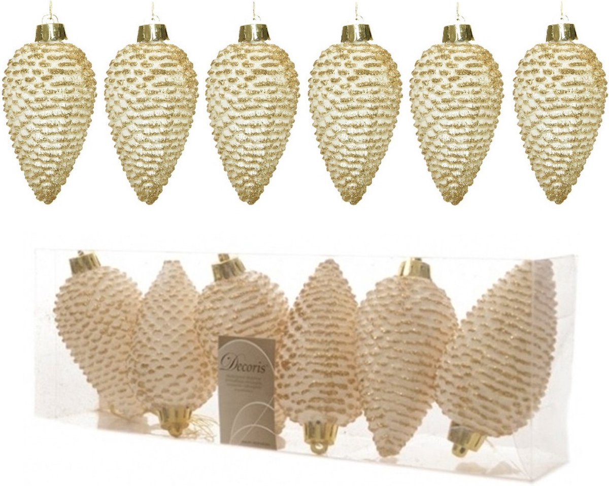 Decoris Dennenappels kersthangers - 12x st - creme wit - 8 cm - kunststof - kerstversiering
