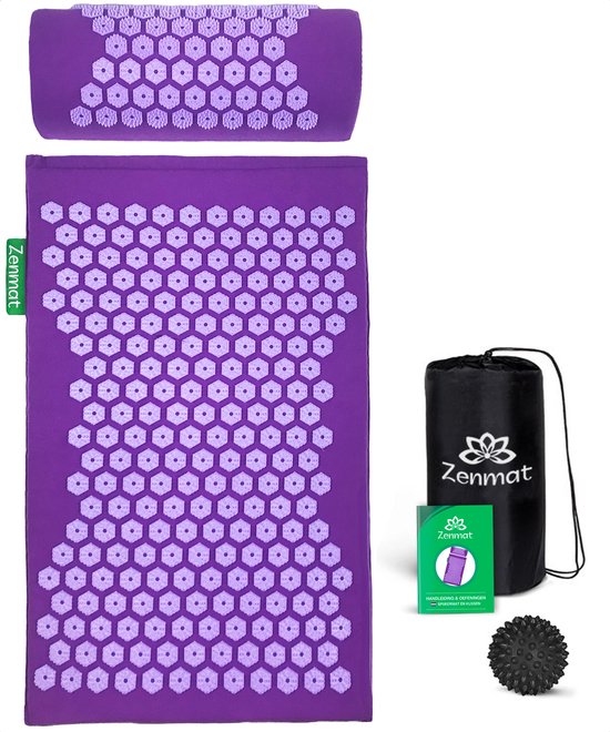 Foto: Zenmat spijkermat met kussen acupressuur mat incl triggerpoint massagebal en draagtas shakti massage 66x40 cm paars