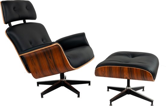 Meubi Lounge Chair + Hocker - Zwart - Palissander - Fauteuil - Relaxfauteuil - Stoel -Italiaans Leer - PREMIUM