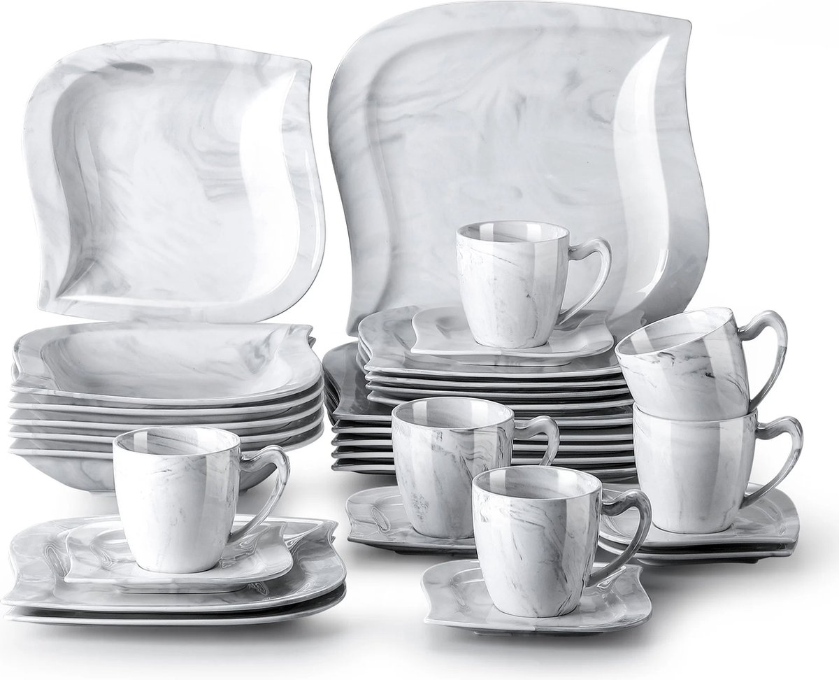 Luxe Serviesset – 32 delig – 8 persoons – Porselein - Bordenset – Dinner platen – Dessertborden - Kommen - Mokken - Schaaltjes - Wit
