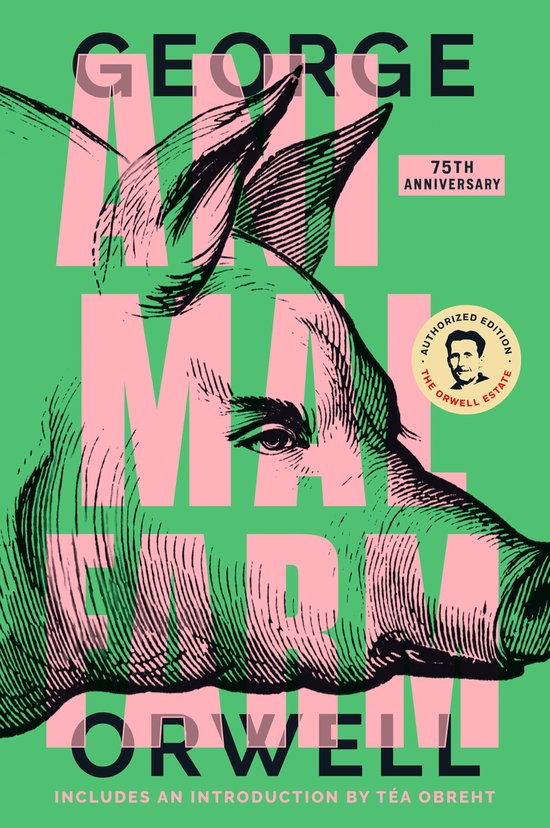 Boekomslag 'Animal Farm' met een varken in roze en groen, tekst 'GEORGE ORWELL'.