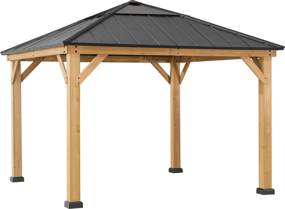 Gazebo luxe tuinpaviljoen in cedarwood powder coated stalen dak met lichtdoorlatende hard-top 336 x 336cm