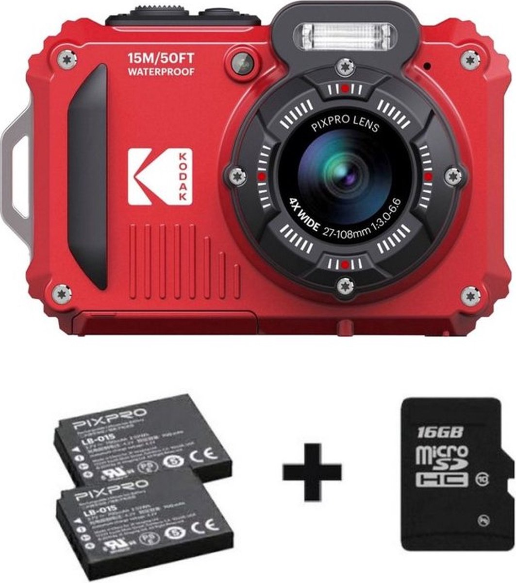 Bol.com Kodak WPZ2 - Compactcamera - Onderwatercamera - 16 megapixel - Rood - Extra accu - 16GB geheugenkaart aanbieding