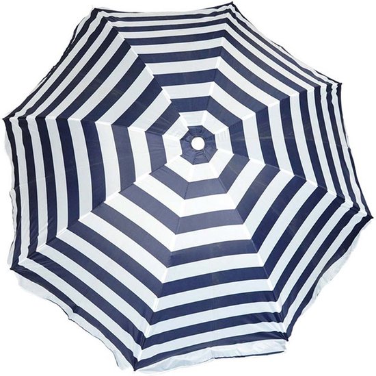 Blauwe en witte gestreepte parasol, 160 cm breed, met UV-bescherming en draagtas.