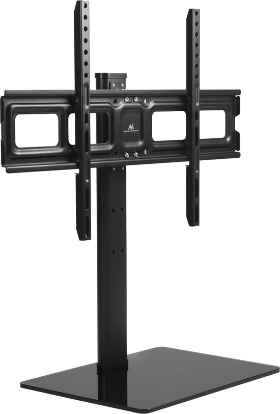 Zwarte metalen TV-standaard met een breed, plat glas. Bevestigingsbeugels in het midden.