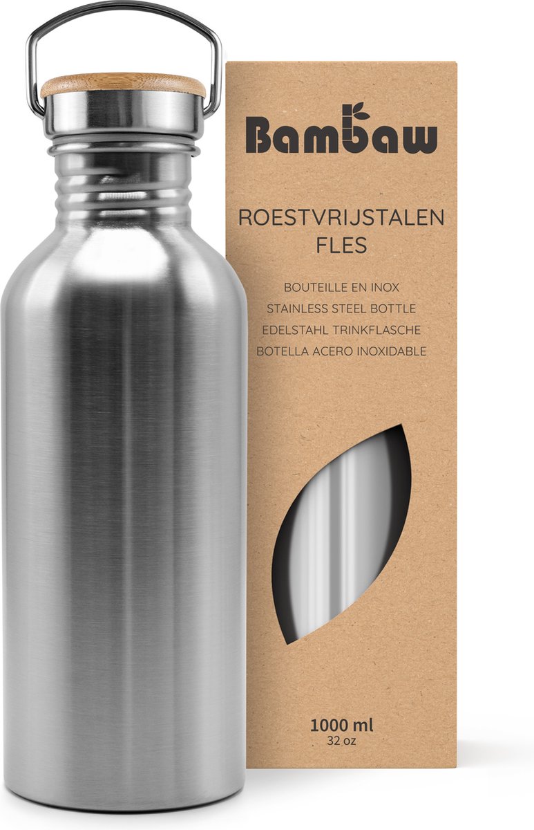Bambaw® Waterfles 1 liter - Enkelwandige drinkfles - Lekvrij, Plasticvrij met Bamboe Dop - Waterflessen Volwassenen - Waterfles RVS - Perfect voor Reizen, Wandelen, Dagelijks Gebruik, Kamperen - Water Fles - Camping - Zilver