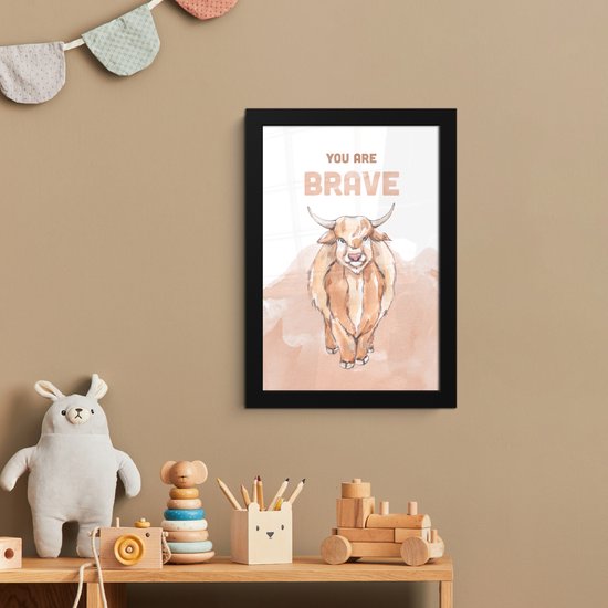 Poster in lijst - Fotolijst 20x30 cm - Posters - Yak - Oranje - Quote - 'You are brave' - Posterlijst zwart - Kamer decoratie - Wanddecoratie kinderkamer - Muurdecoratie babykamer