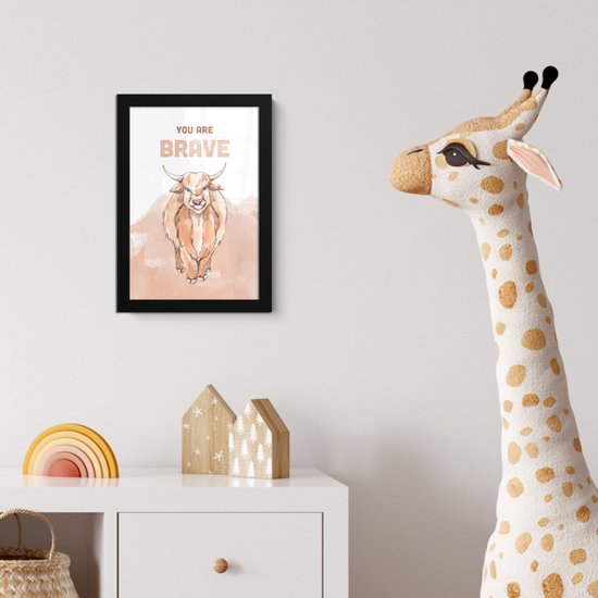 Poster in lijst - Fotolijst 20x30 cm - Posters - Yak - Oranje - Quote - 'You are brave' - Posterlijst zwart - Kamer decoratie - Wanddecoratie kinderkamer - Muurdecoratie babykamer