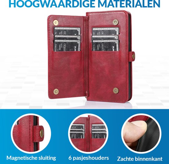Coque adaptée pour iPhone 16 Plus - Bookcase - Amovible 2 en 1 - Coque arrière - Porte-cartes - Portefeuille - Simili cuir - Rouge