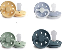FRIGG MOON Fopspeen set 4 stuks - Siliconen - Maat 2 - vanaf 6 maanden - Sage - Slate - Pale Daffodil - Stone Blue Night FRIGG MOON Fopspeen set 4 stuks - Siliconen - Maat 2 - vanaf 6 maanden - Sage - Slate - Pale Daffodil - Stone Blue Night