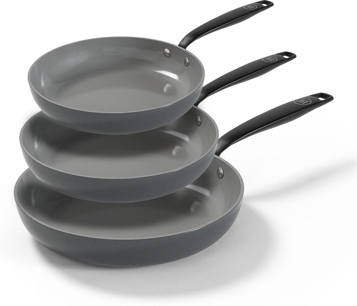 BE Living Essential 3-delige Koekenpannenset - Ø 20, 24 & 28 cm - Keramisch - PFAS vrij - Inductie - Grijs