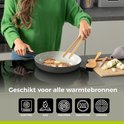 Vrouw in groene trui kookt met tangen in een grijze koekenpan op een inductiekookplaat. Naast de pan een snijplank met knoflook en kruiden.