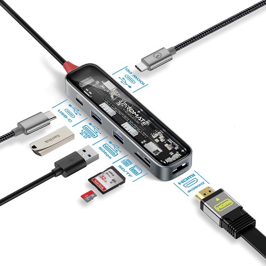 Foto: Promate usb c hub premium transparante 7 in 1 multi display hub met 4k hdmi hoge capaciteit 2tb sd tf kaartsleuf dubbele 5gbps usb a poorten 100w usb c pd en usb c datapoort voor macbook pro windows dell transhub lite