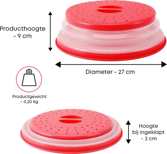 Afmetingen rode inklapbare magnetrondeksel: diameter 27 cm, hoogte 9 cm, ingeklapt 2 cm. Gewicht 0,20 kg.