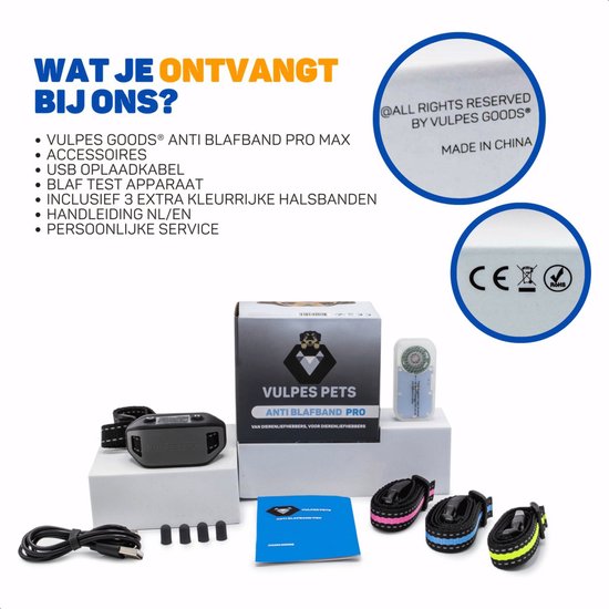 Inhoud van de verpakking: VULPES GOODS anti blafband Pro Max, accessoires, USB oplaadkabel, blaf test apparaat, 3 extra gekleurde halsbanden, handleiding.