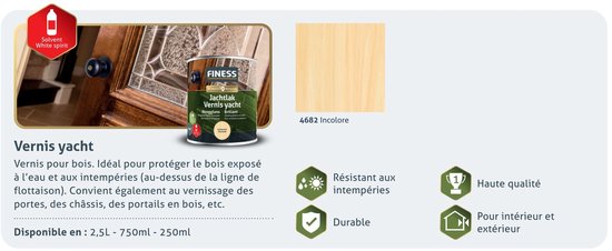 FINESS jachtlak, kleurloos. Houten deur met potdekselplanken en glas-in-lood. Verkrijgbaar in 2,5L, 750ml en 250ml.
