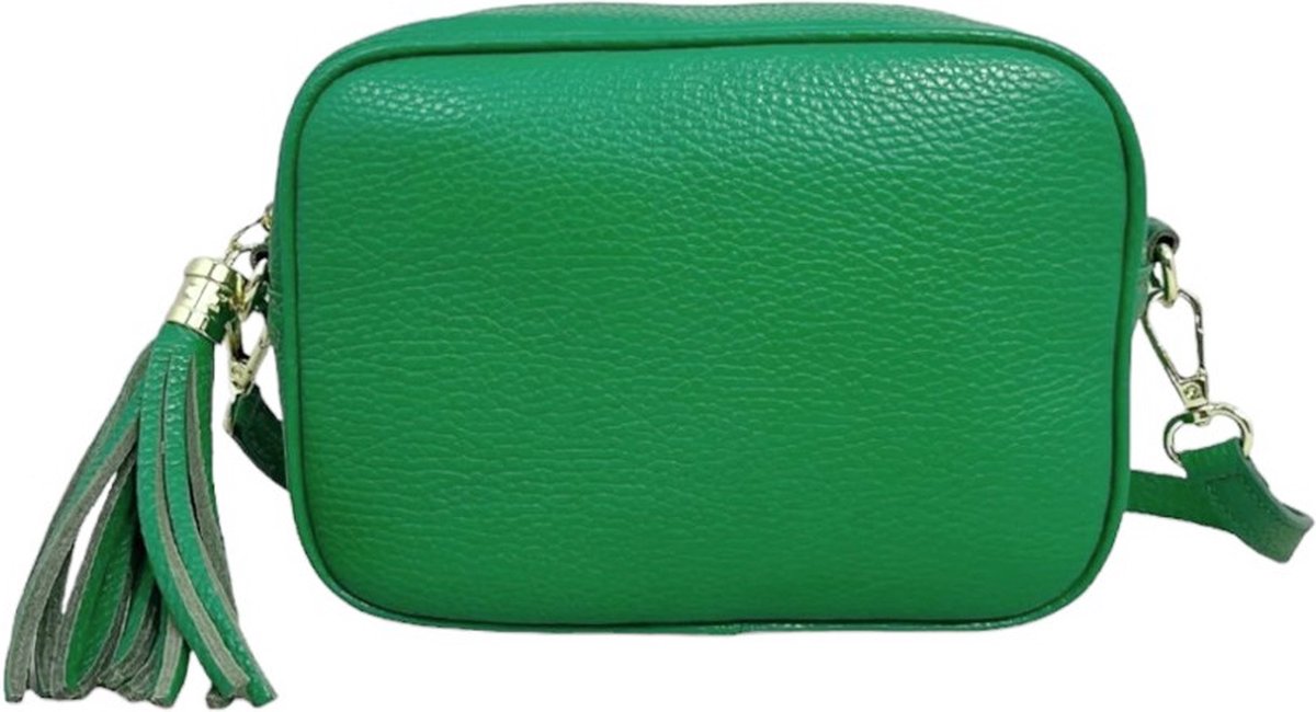 Groene Leren Camera Tas Tassle - Trendy Leren Schoudertassen met kwastje - Goud beslag - Italiaans Leder - Groen