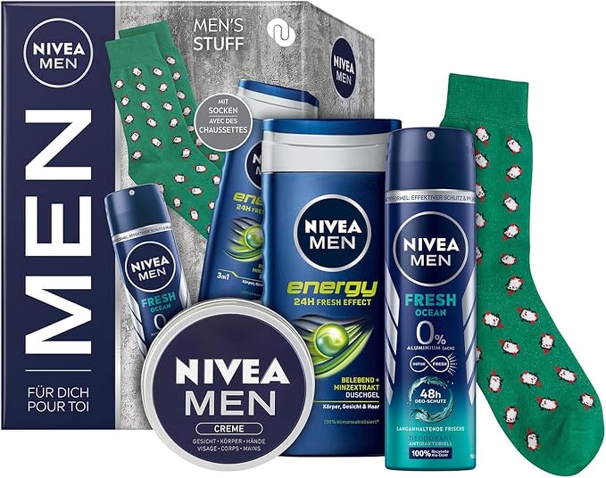Goedkoopste Nivea Men Geschenkset met Sokken, Energy douchegel, Fresh Ocean Deodorant & Gezicht crème - Cadeauset