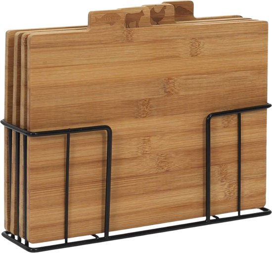 Set van 4 bamboe snijplanken in een zwarte houder. Bovenkant van de planken heeft vormen van dieren: vis, koe, kip, varken.