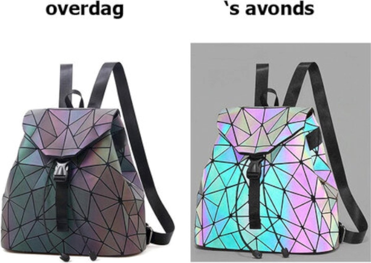 Holografische - Rugtas - oplichtende - geometrische - streep - vlakken - regenboog kleur - Tonen regenboogkleuren als er licht op weerkaatst - Werk - School - Casual.