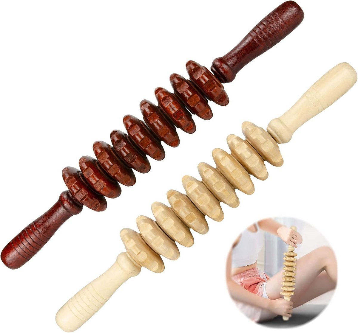 Goedkoopste Massage stok - Massage - Massage apparaat - 2 Stuks - Vermoeidheid verlichten - Anti Cellulite Massage Roller Tool - Massager hele lichaam - Massager Dij - Natuurlijk Houten massageroller - Bindweefselmassages - Relax - Duurzaam - 9 Wielen