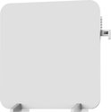 Witte paneelradiator met houten pootjes en digitaal display met temperatuur.