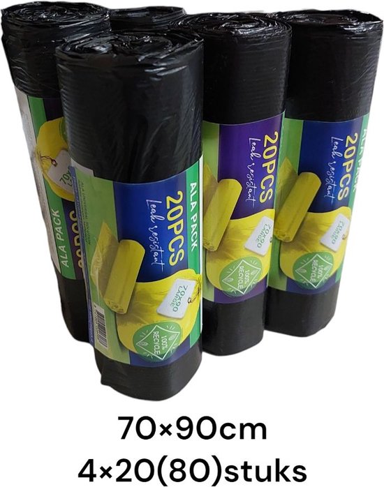 Sacs poubelles noirs en lot de 4, 20 sacs par rouleau, 70x90cm. Décrit comme étanche et 100% recyclable.