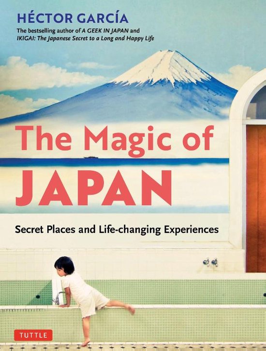 Boek 'The Magic of Japan' met op de voorkant Mount Fuji, tekst en een jong kind in een badkuip.