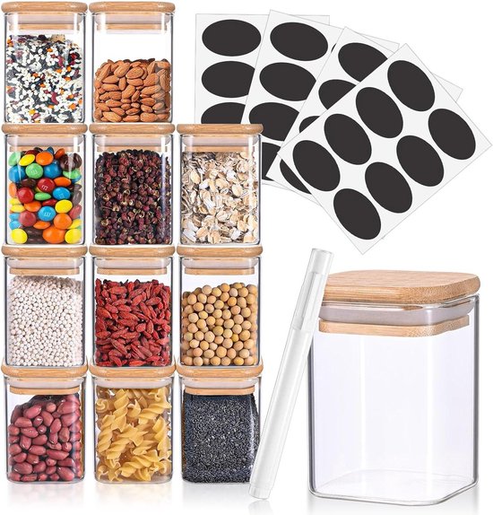 YUTUY 12 glazen voorraadpotten met deksel,280 ml kruidenpotjes ,vierkante voorraaddozen,Voorraadpotten Sets met 24Zwarte Etiketten maatlepel en kopje borstel voor granen,zaden,zout,peper,specerijen