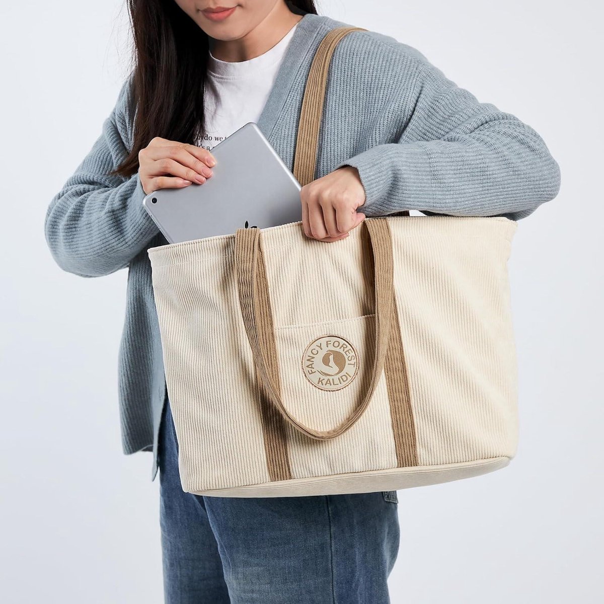 Aucuu Sac En Velours Côtelé Femme - Bandoulière Grande Capacité Multipoches, Cabas Fourre-tout Pour Ecole Travail Bureau Voyage Shopping