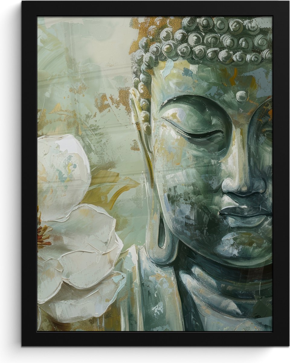 FrameYourWall Poster in lijst - Fotolijst 30x40 cm - Posters - Boeddha - Groen - Lotusbloem - Wit - Posterlijst zwart - Decoratie - Wanddecoratie woonkamer - Muurdecoratie slaapkamer
