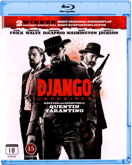 Voorzijde van de "Django Unchained" Blu-ray met Leonardo DiCaprio, Jamie Foxx en Christoph Waltz.