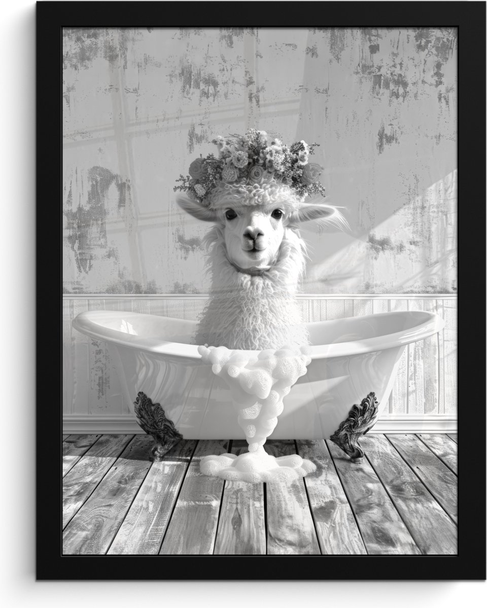 Poster in lijst - Fotolijst 30x40 cm - Posters - Alpaca - Bloemen - Dier - Bad - Zwart - W