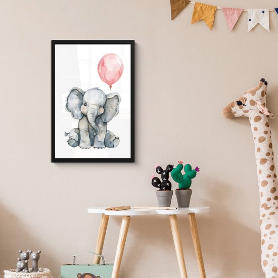 Affiche sous cadre - Cadre photo 40x60 cm - Posters - Éléphant - Bébé animal - Ballon rose - Cadre affiche noir - Décoration chambre - Décoration murale chambre enfant - Décoration murale chambre bébé
