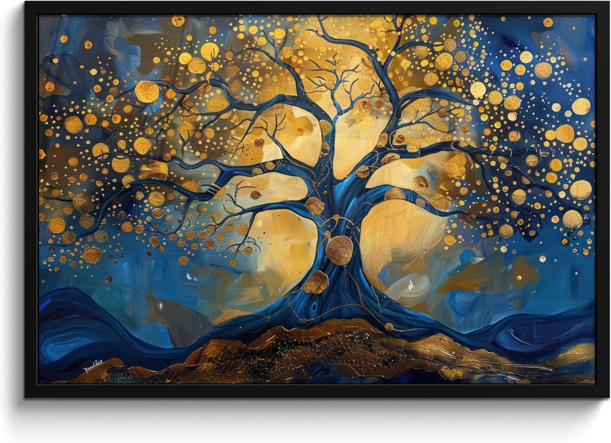 FrameYourWall Poster in lijst - Fotolijst 90x60 cm - Posters - Boom - Levensboom - Blauw - Goud - Posterlijst zwart - Decoratie - Wanddecoratie woonkamer - Muurdecoratie slaapkamer Goud - Blauw