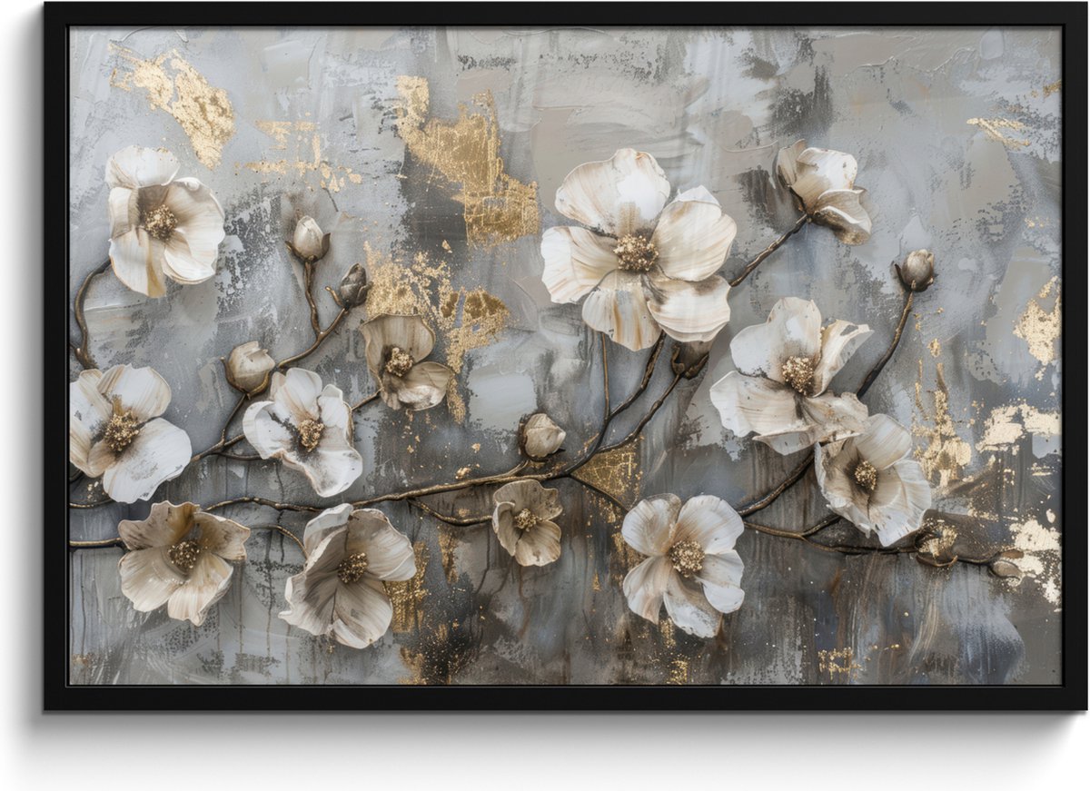 FrameYourWall Poster in lijst - Fotolijst 90x60 cm - Posters - Bloemen - Wit - Grijs - Goud - Luxe - Posterlijst zwart - Decoratie - Wanddecoratie woonkamer - Muurdecoratie slaapkamer