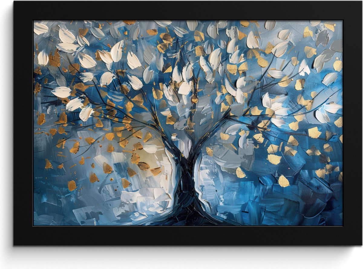 FrameYourWall Poster in lijst - Fotolijst 30x20 cm - Posters - Boom - Blauw - Goud - Abstract - Posterlijst zwart - Decoratie - Wanddecoratie woonkamer - Muurdecoratie slaapkamer Blauw - Levensboom