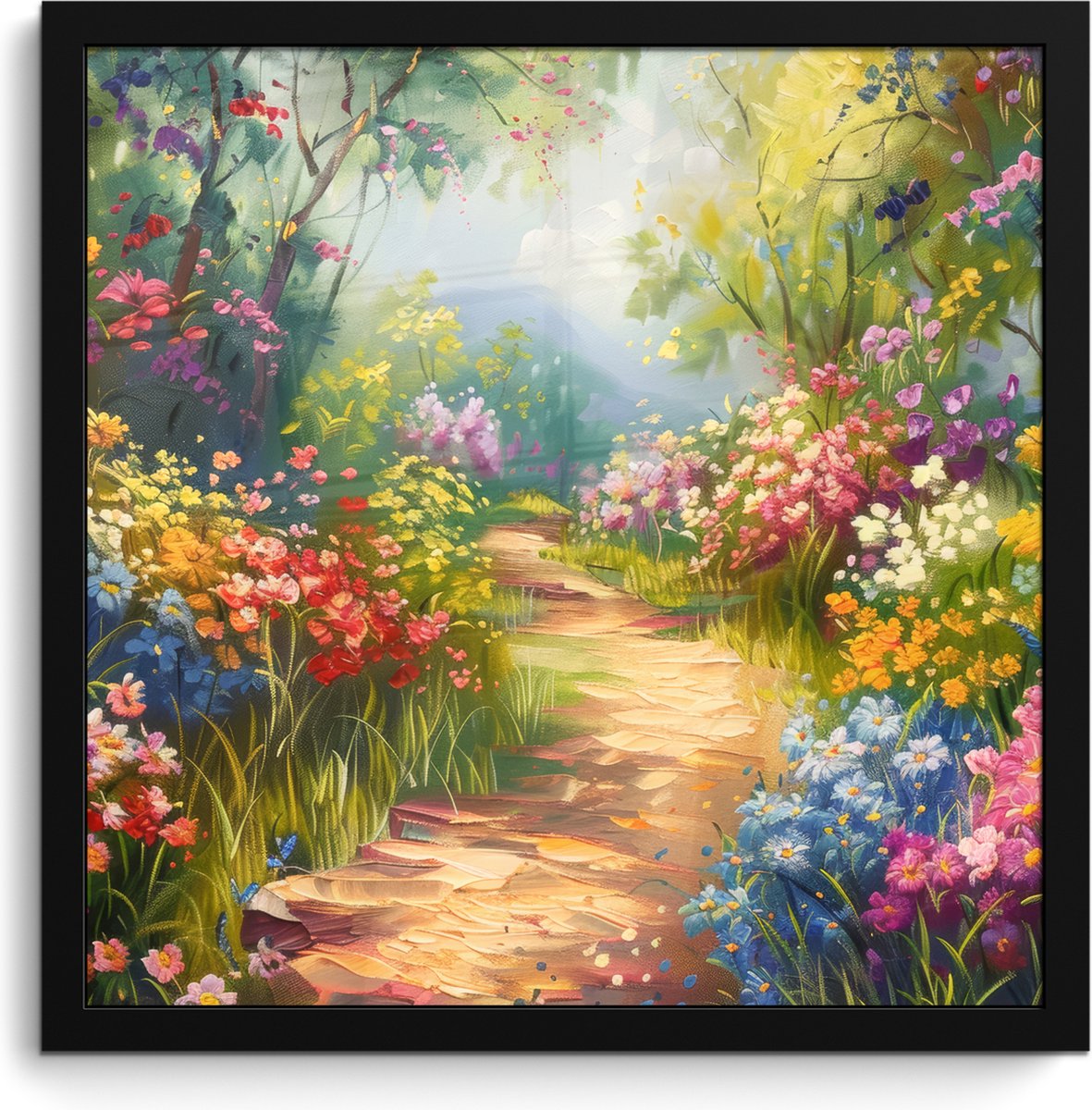 FrameYourWall Poster in lijst - Fotolijst 40x40 cm - Posters - Natuur - Landschap - Bloemen - Kleurrijk - Posterlijst zwart - Decoratie - Wanddecoratie woonkamer - Muurdecoratie slaapkamer Bloemen landschap