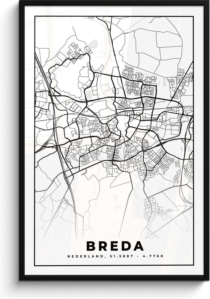 Poster in lijst - Fotolijst 80x120 cm - Posters - Kaart - Breda - Zwart - Wit - Posterlijst zwart - Decoratie - Wanddecoratie woonkamer - Muurdecoratie slaapkamer