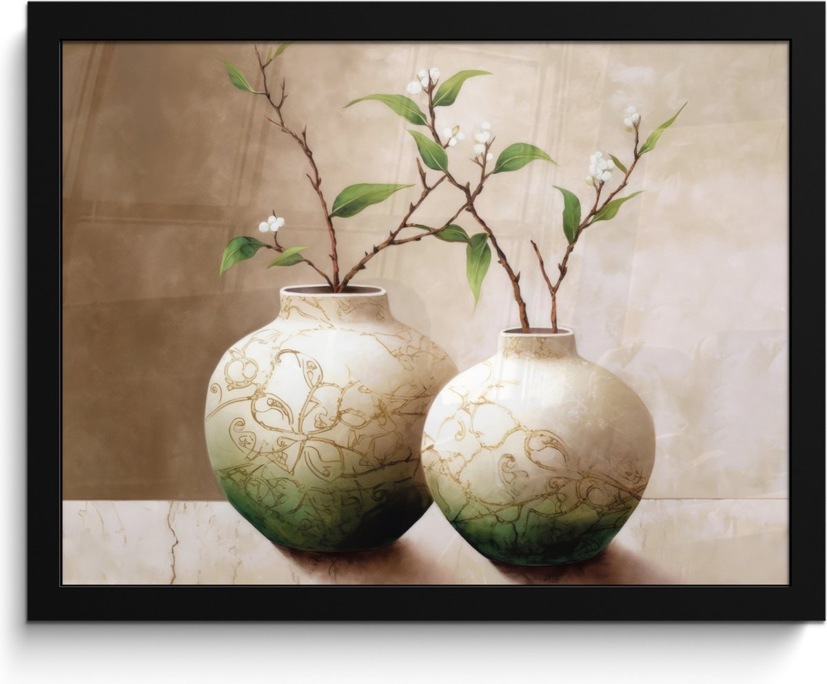 FrameYourWall Poster in lijst - Fotolijst 40x30 cm - Posters - Bloemen - Vaas - Wit - Botanisch - Beige - Posterlijst zwart - Wanddecoratie badkamer - Muurdecoratie WC - Decoratieve accessoires - Toilet muur decoratie Beige - Vazen