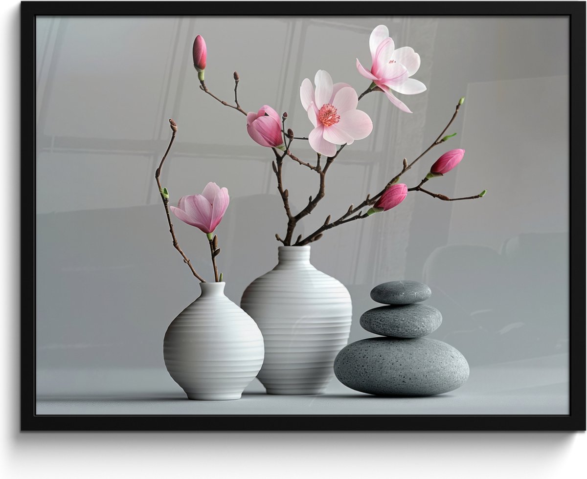 FrameYourWall Poster in lijst - Fotolijst 80x60 cm - Posters - Magnolia - Bloemen - Roze - Zen stenen - Posterlijst zwart - Wanddecoratie badkamer - Muurdecoratie WC - Decoratieve accessoires - Toilet muur decoratie Bloemen - Vaas