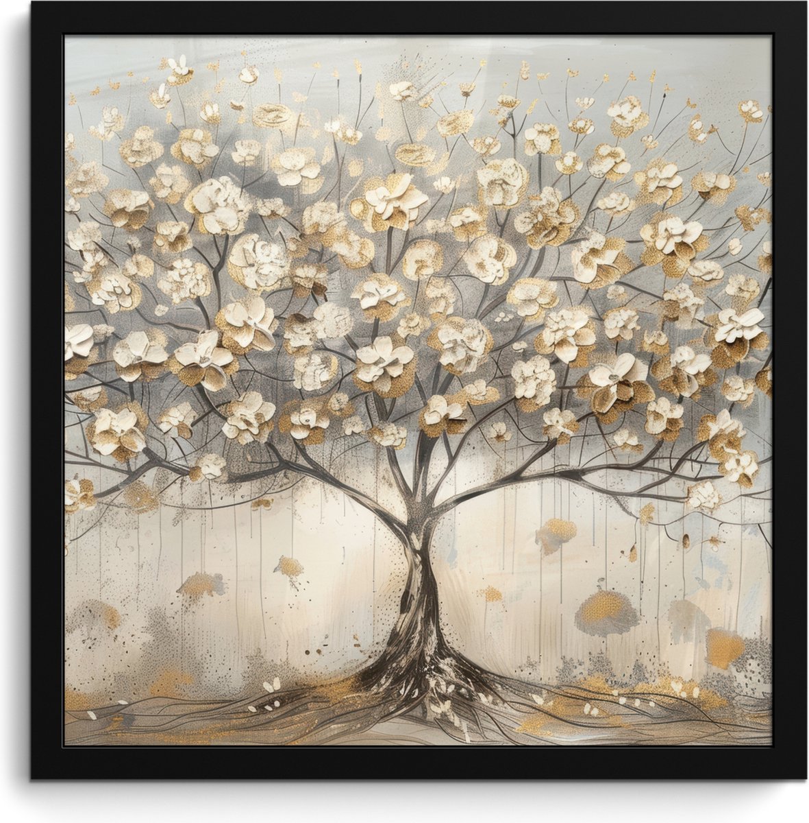 FrameYourWall Poster in lijst - Fotolijst 40x40 cm - Posters - Boom - Beige - Goud - Verflook - Grijs - Posterlijst zwart - Decoratie - Wanddecoratie woonkamer - Muurdecoratie slaapkamer Pastel - Goud