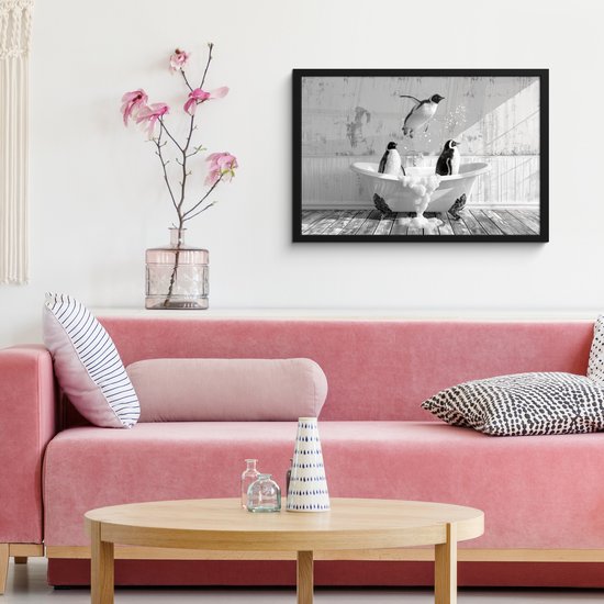 Affiche sous cadre - Cadre photo 60x40 cm - Posters - Pingouins - Vintage - Animaux - Zwart - Wit - Cadre affiche noir - Décoration Décoration murale salle de bain - Décoration murale toilette - Accessoires décoratifs - Décoration murale Toilettes