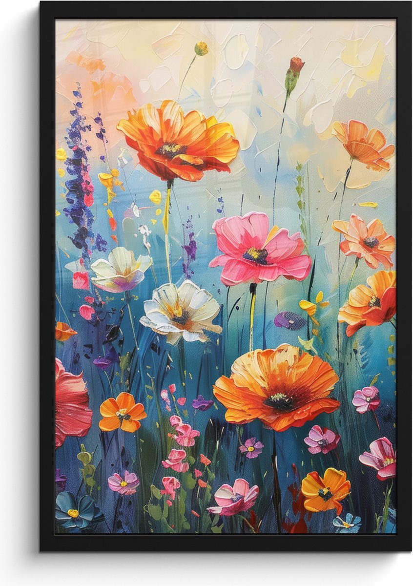 FrameYourWall Poster in lijst - Fotolijst 40x60 cm - Posters - Bloemen - Natuur - Waterverf - Kunst - Posterlijst zwart - Decoratie - Wanddecoratie woonkamer - Muurdecoratie slaapkamer Weidebloemen