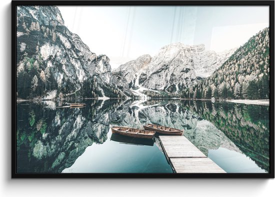 Affiche encadrée - Cadre photo 120x80 cm - Posters - Paysage - Bateau - Hiver - Montagnes - Cadre poster noir - Décoration - Décoration murale salon - Décoration murale chambre