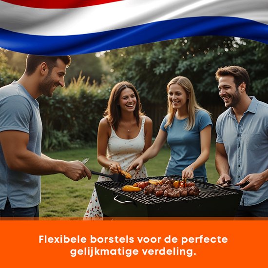Vier mensen barbecueën buiten, met de Nederlandse vlag op de achtergrond. Tekst: Flexibele borstels voor de perfecte gelijkmatige verdeling.