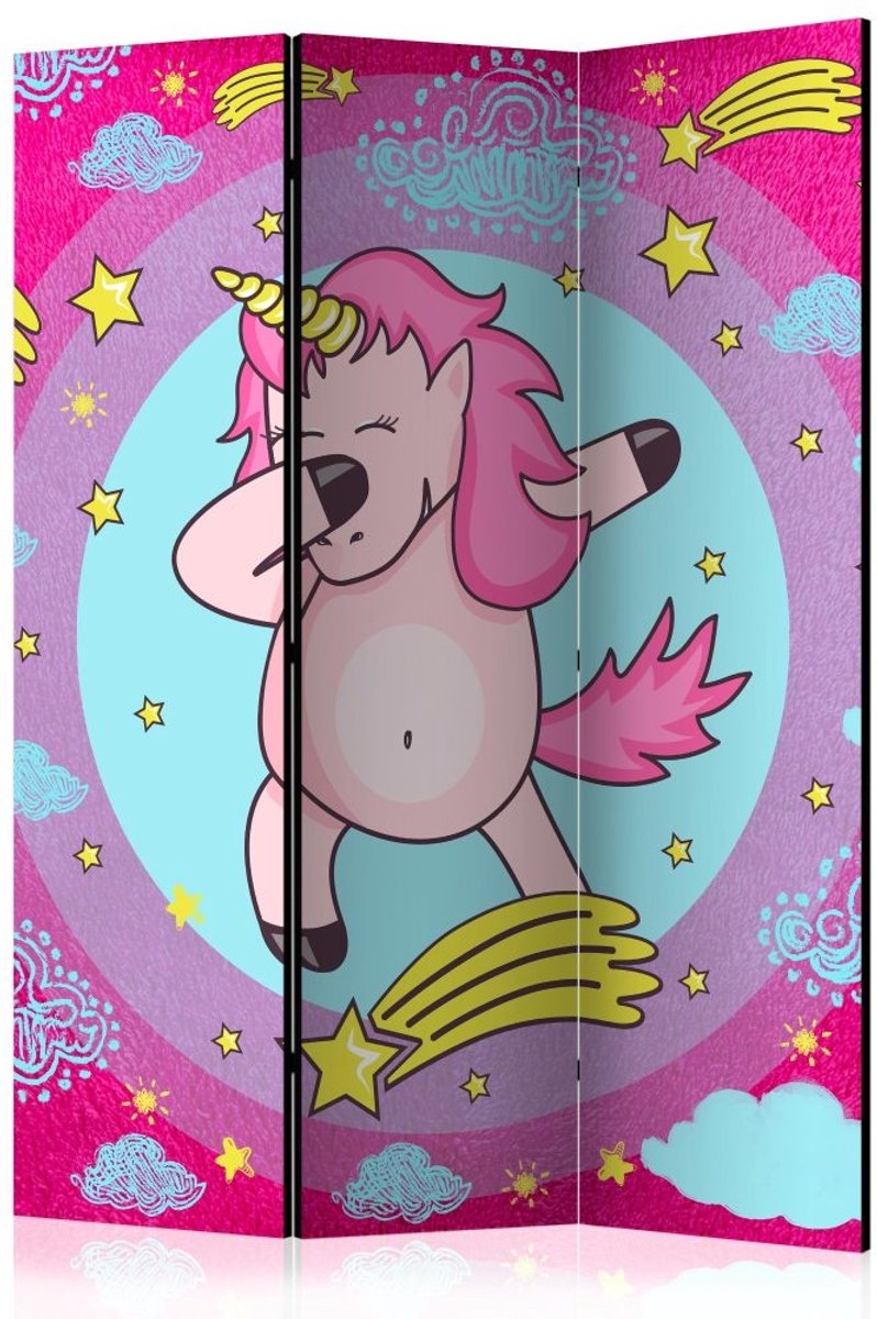 Vouwscherm / Kamerscherm - Dansende eenhoorn, kinderkamer 135x172cm, gemonteerd geleverd, dubbelzijdig geprint