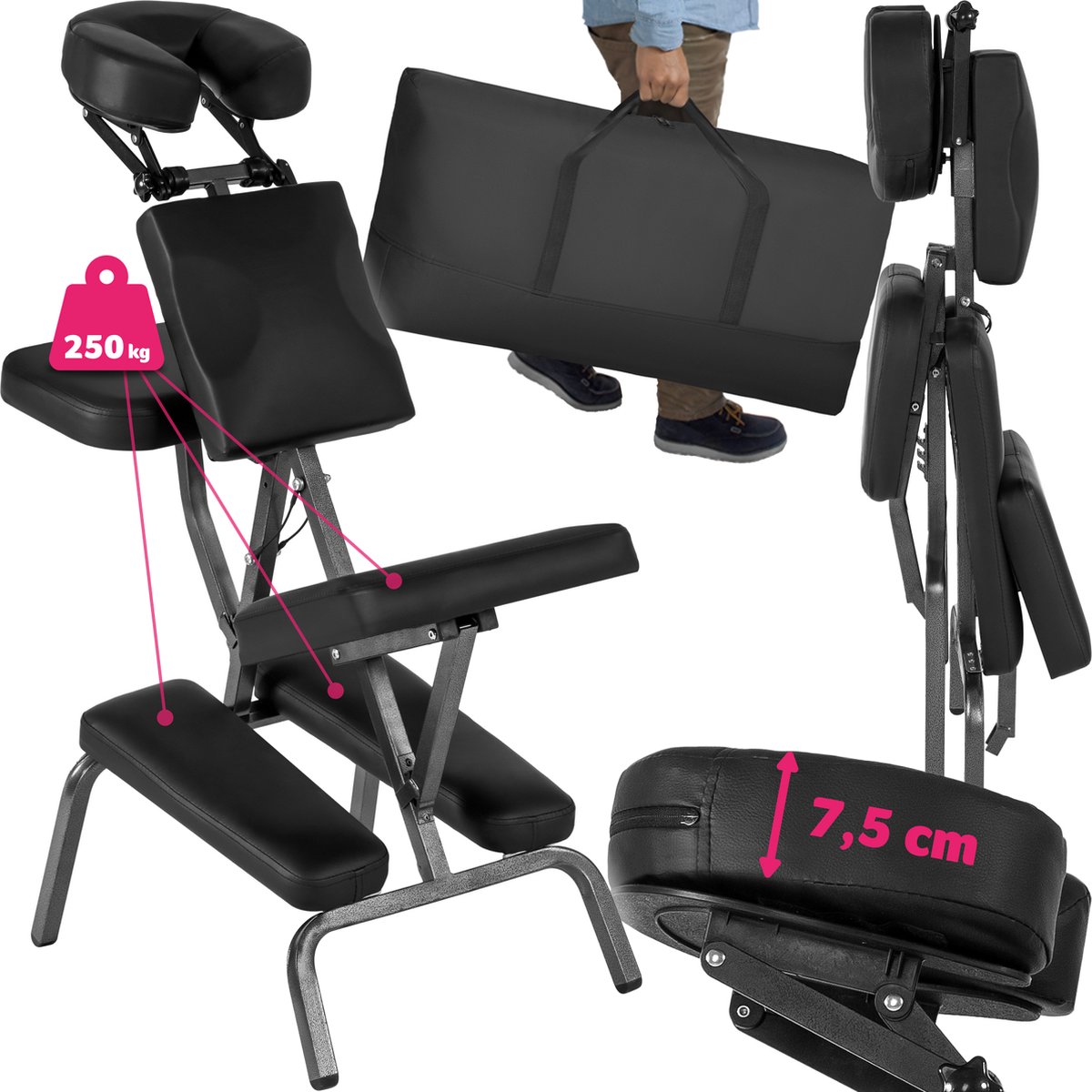 Goedkoopste tectake® Opvouwbare Massagestoel - Tattoostoel - Ergonomische Kruk zonder Armleuning - Mobiele Draagbare Behandelstoel - Inclusief Draagtas voor Accessoires - Zwart