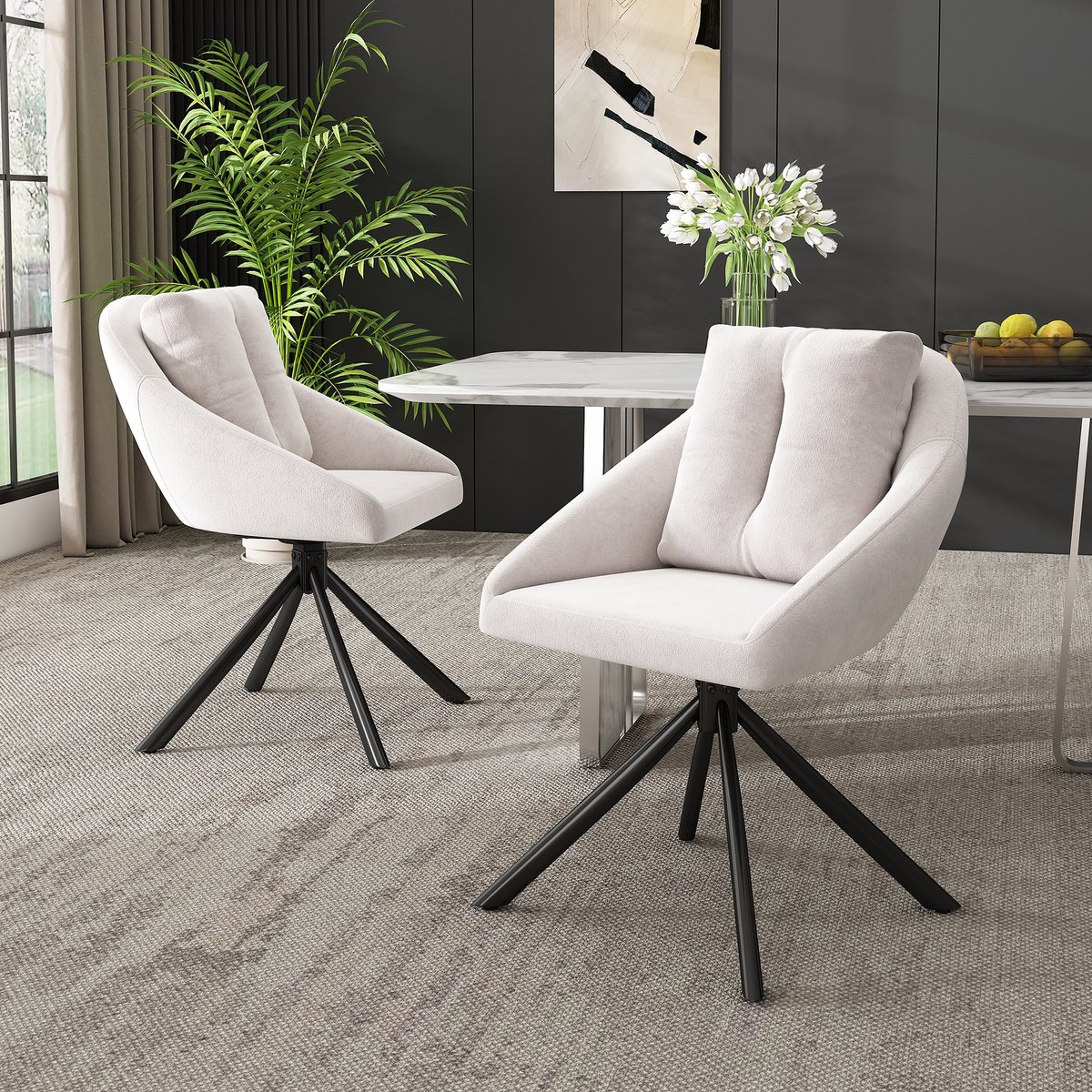 Gutent Eetkamerstoel, Beige, Draaibaar, Moderne Beige Fluwelen Eetkamerstoel, Stijlvolle en Comfortabele Draaistoel, Ademende Fluwelen Stof, Ergonomisch Ontwerp, Elegante Draaistoel